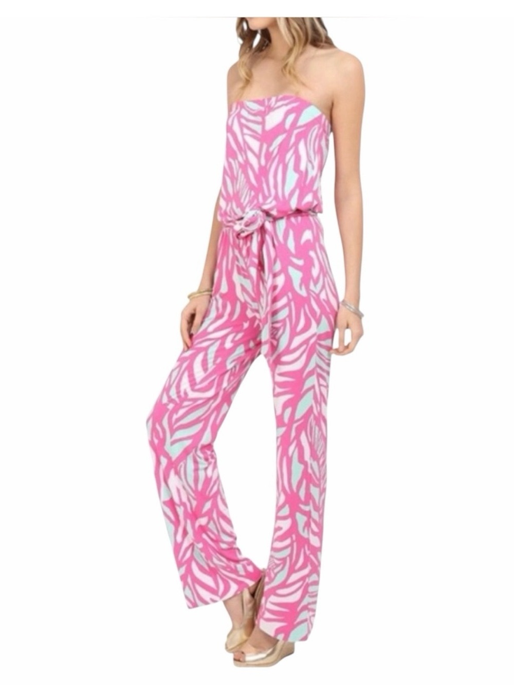 Lilly Pulitzer Tia jumpsuit bright pink and mint green papaya print Sz XS